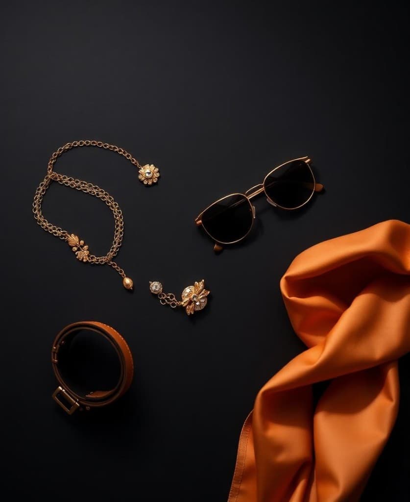Gold jewelry, silk scarf, leather belt and sunglasses arranged on a dark marble surface